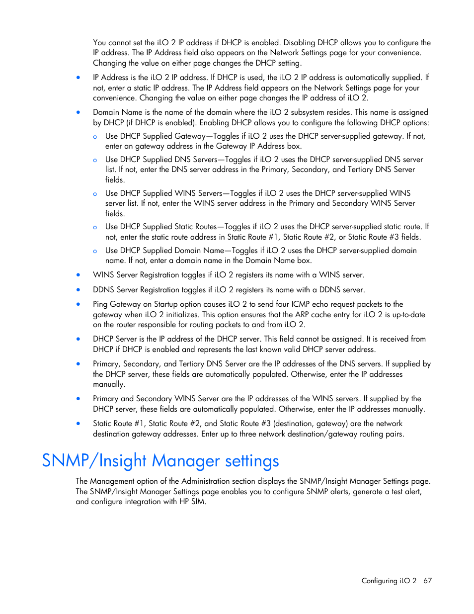 Snmp/insight manager settings | HP Integrated Lights-Out User Manual | Page 67 / 236