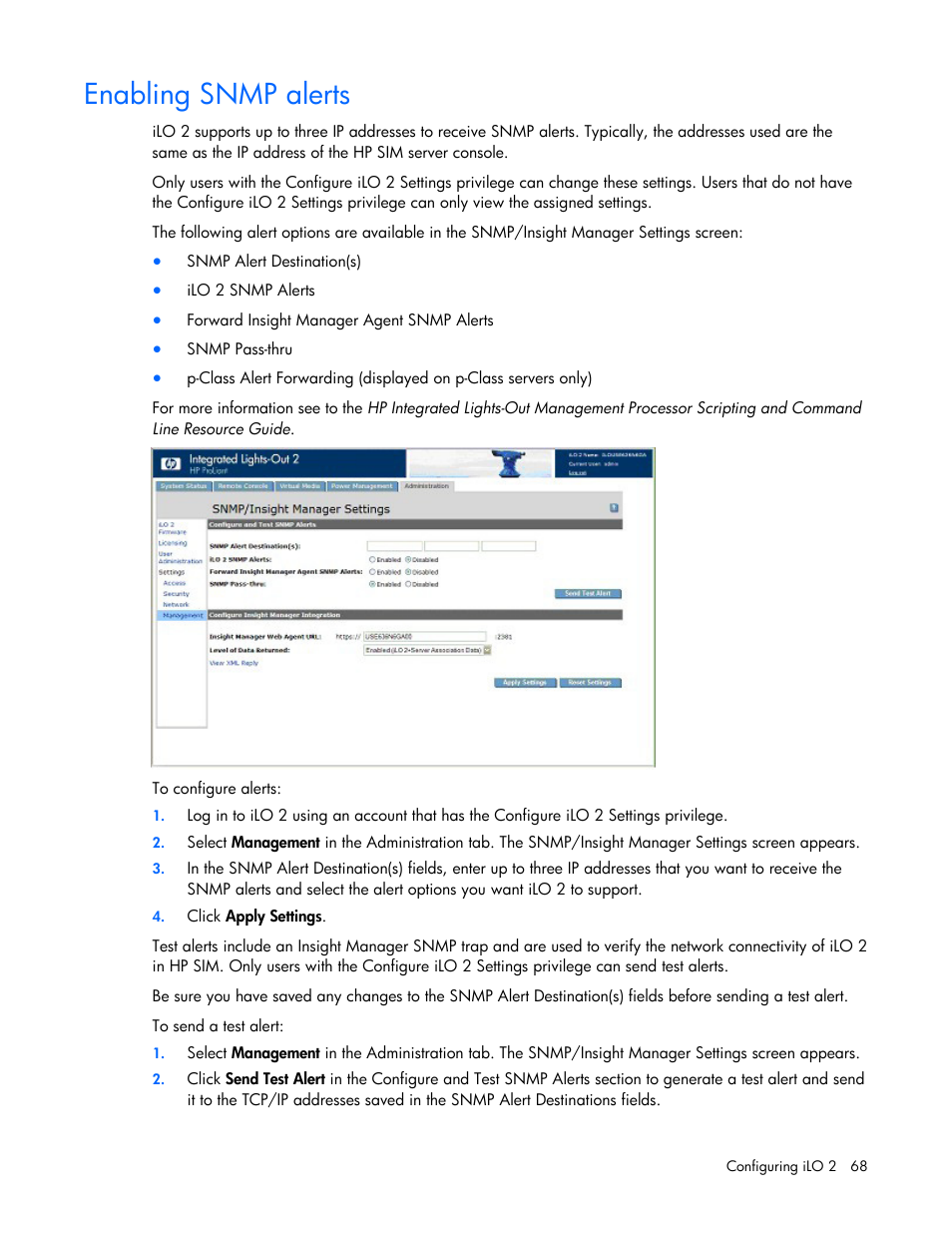 Enabling snmp alerts | HP Integrated Lights-Out User Manual | Page 68 / 236