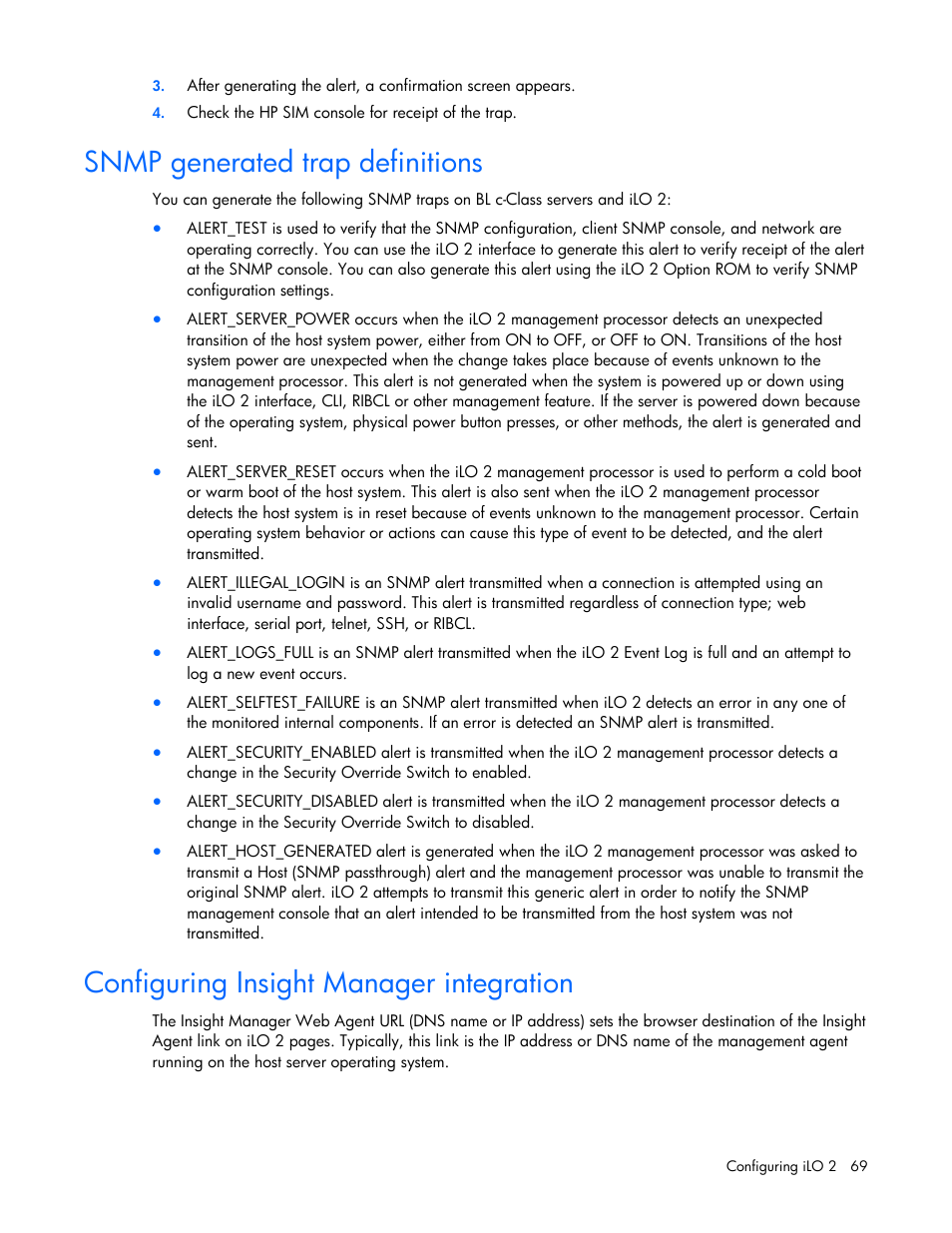 Snmp generated trap definitions, Configuring insight manager integration | HP Integrated Lights-Out User Manual | Page 69 / 236