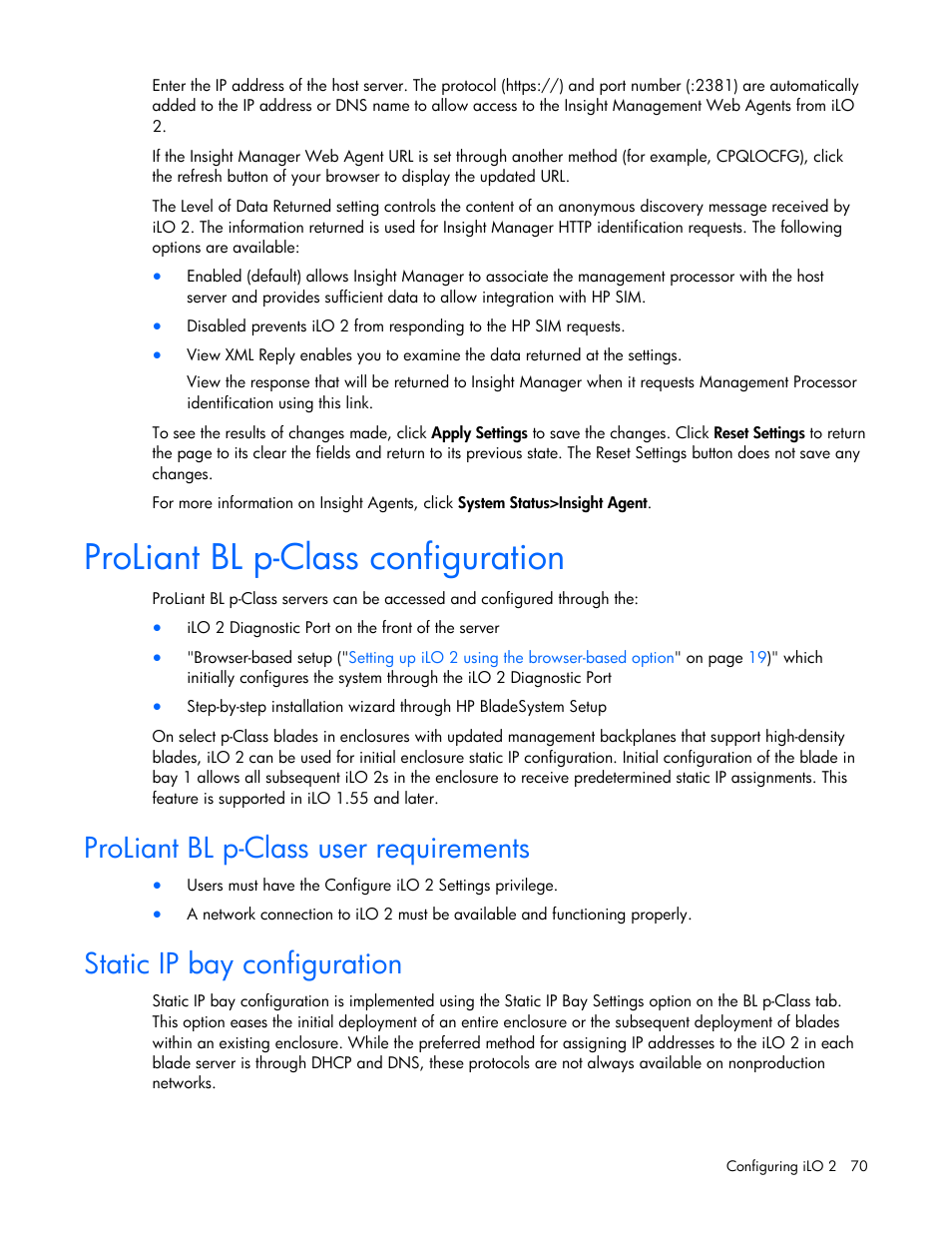 Proliant bl p-class configuration, Proliant bl p-class user requirements, Static ip bay configuration | HP Integrated Lights-Out User Manual | Page 70 / 236