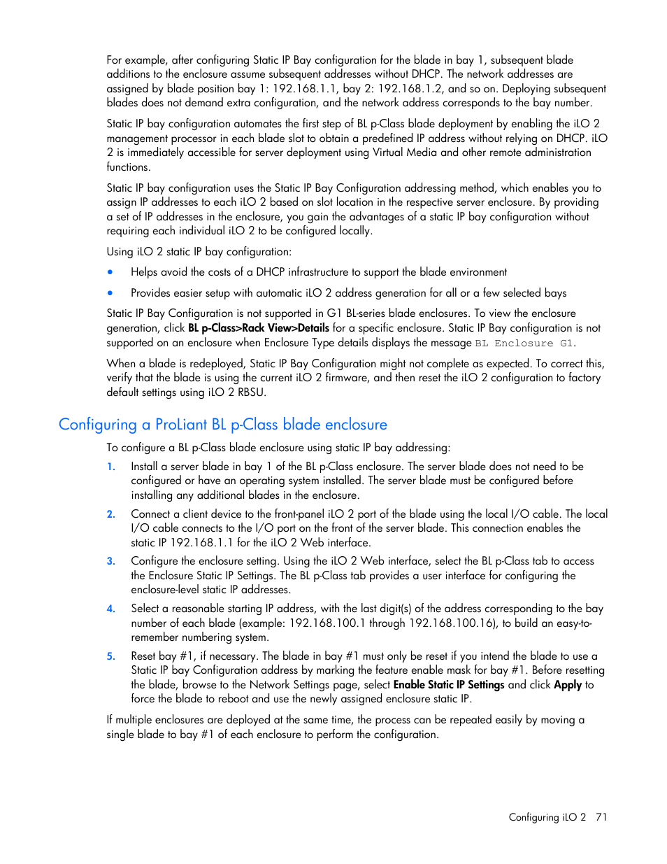Configuring a proliant bl p-class blade enclosure | HP Integrated Lights-Out User Manual | Page 71 / 236