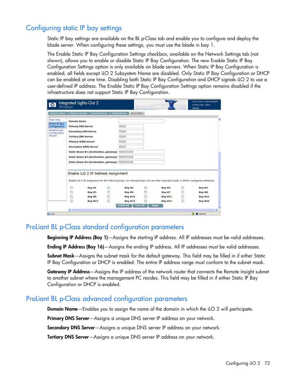 Configuring static ip bay settings | HP Integrated Lights-Out User Manual | Page 72 / 236