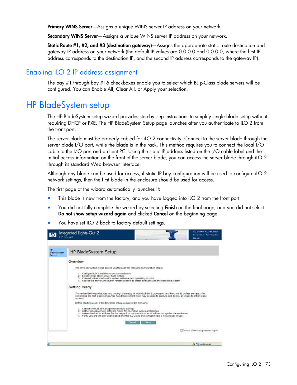 Enabling ilo 2 ip address assignment, Hp bladesystem setup | HP Integrated Lights-Out User Manual | Page 73 / 236