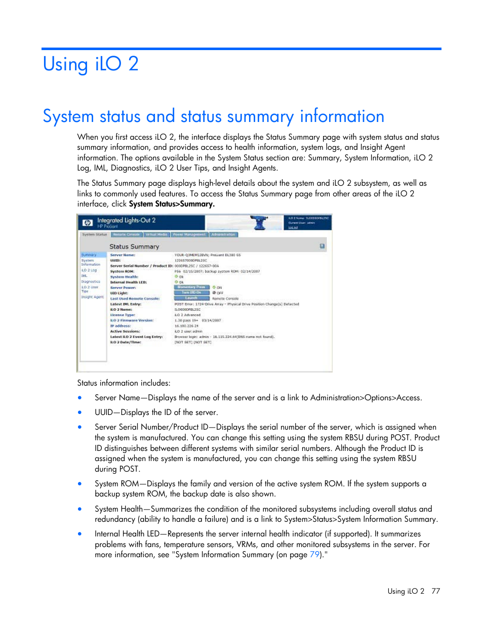 Using ilo 2, System status and status summary information | HP Integrated Lights-Out User Manual | Page 77 / 236