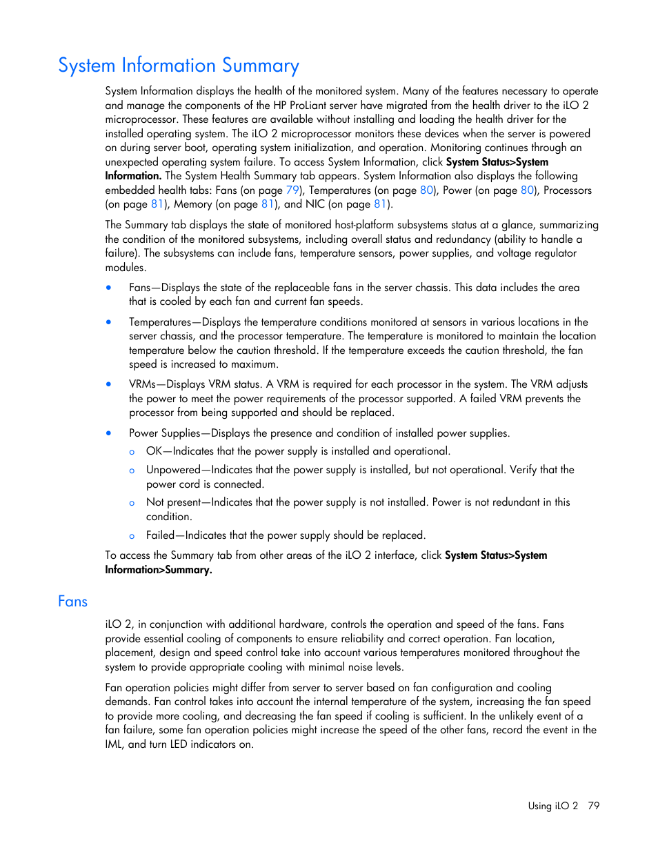 System information summary, Fans | HP Integrated Lights-Out User Manual | Page 79 / 236