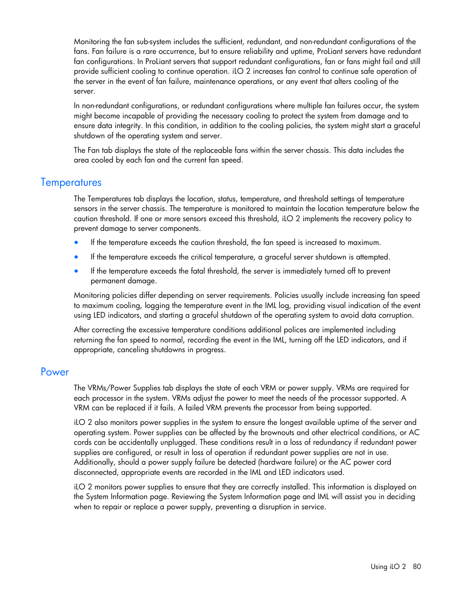Temperatures, Power | HP Integrated Lights-Out User Manual | Page 80 / 236