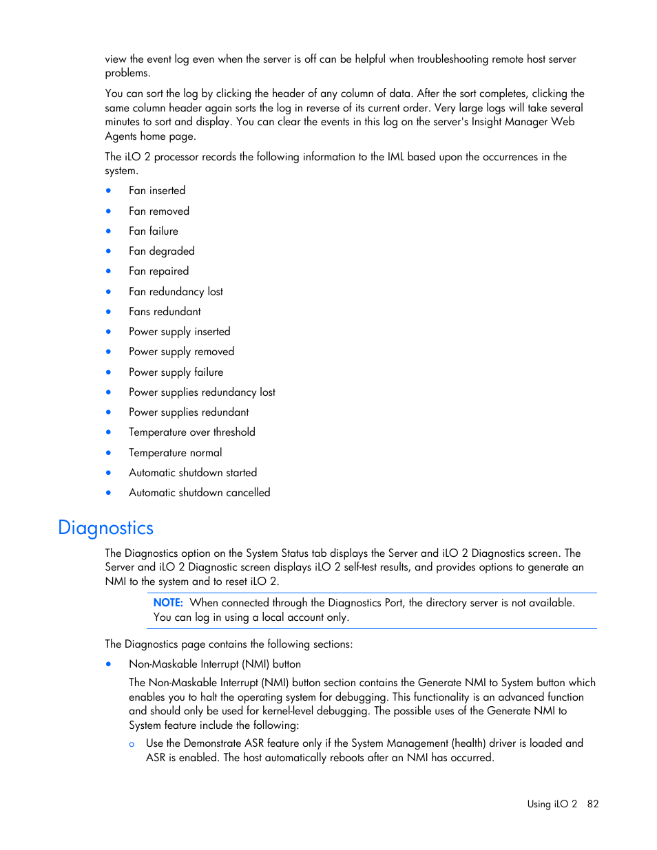 Diagnostics | HP Integrated Lights-Out User Manual | Page 82 / 236