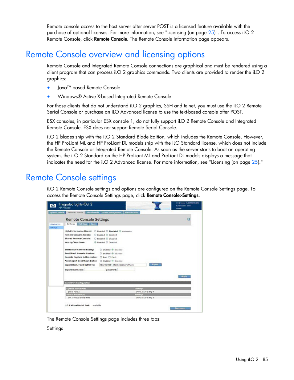 Remote console overview and licensing options, Remote console settings | HP Integrated Lights-Out User Manual | Page 85 / 236