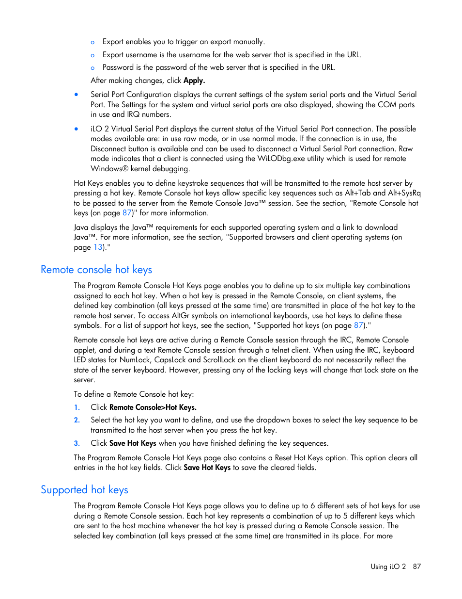 Remote console hot keys, Supported hot keys | HP Integrated Lights-Out User Manual | Page 87 / 236
