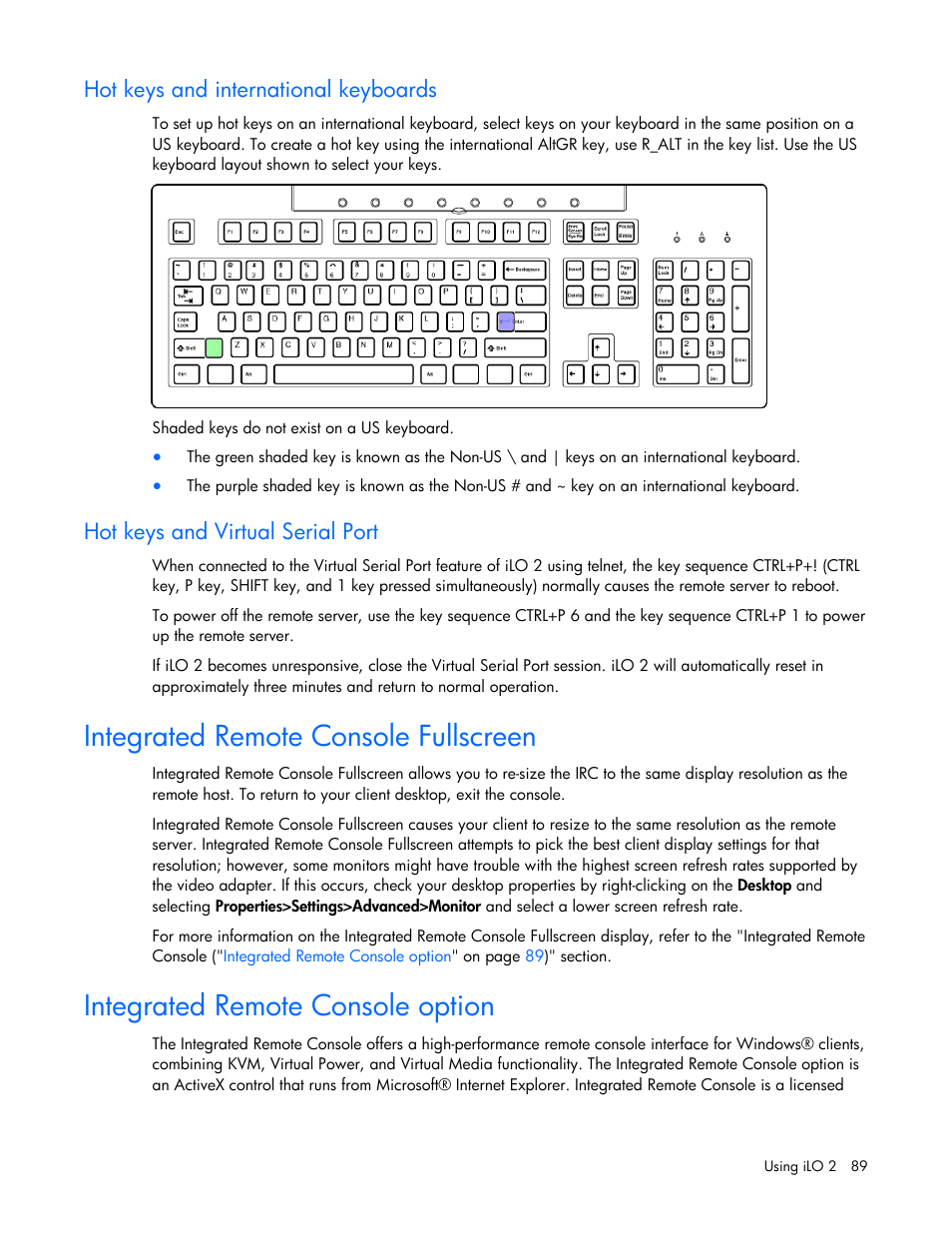 Hot keys and international keyboards, Hot keys and virtual serial port, Integrated remote console fullscreen | Integrated remote console option | HP Integrated Lights-Out User Manual | Page 89 / 236