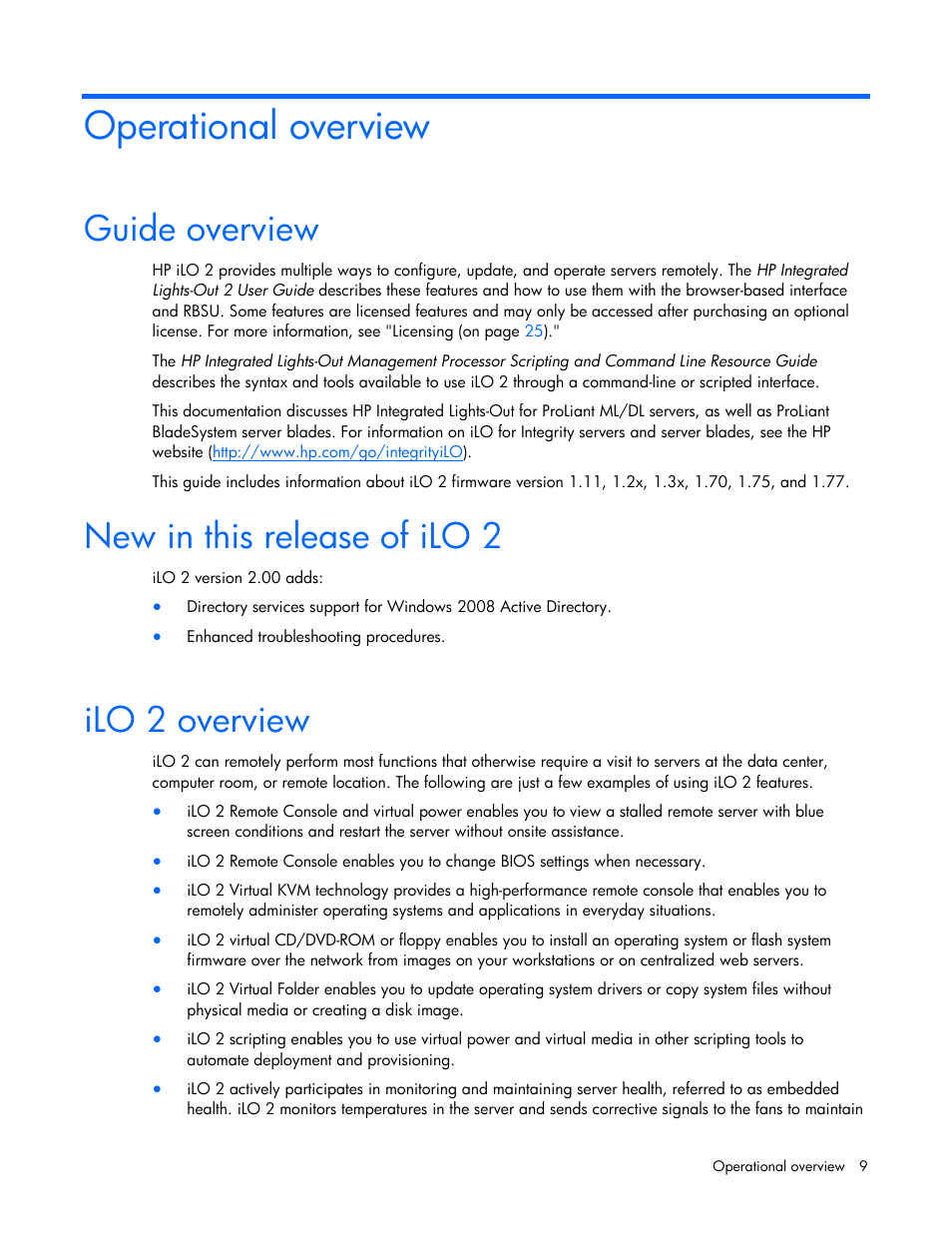 Operational overview, Guide overview, New in this release of ilo 2 | Ilo 2 overview | HP Integrated Lights-Out User Manual | Page 9 / 236