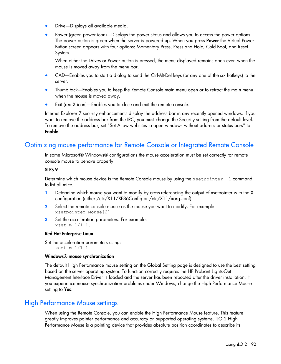 High performance mouse settings | HP Integrated Lights-Out User Manual | Page 92 / 236