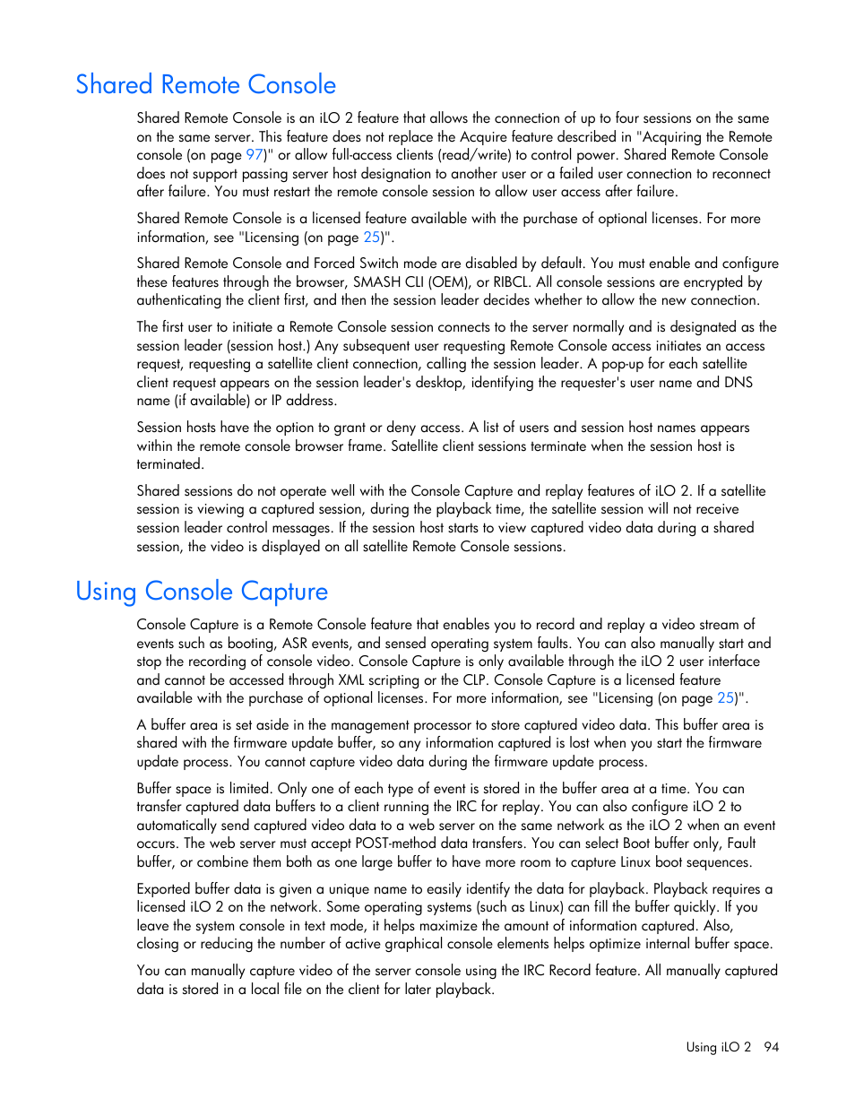 Shared remote console, Using console capture, Shared remote console using console capture | HP Integrated Lights-Out User Manual | Page 94 / 236