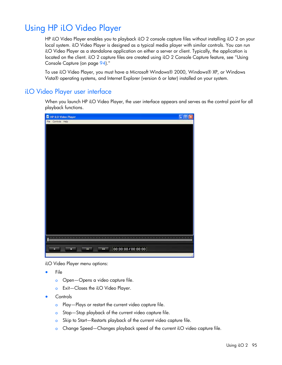 Using hp ilo video player, Ilo video player user interface | HP Integrated Lights-Out User Manual | Page 95 / 236