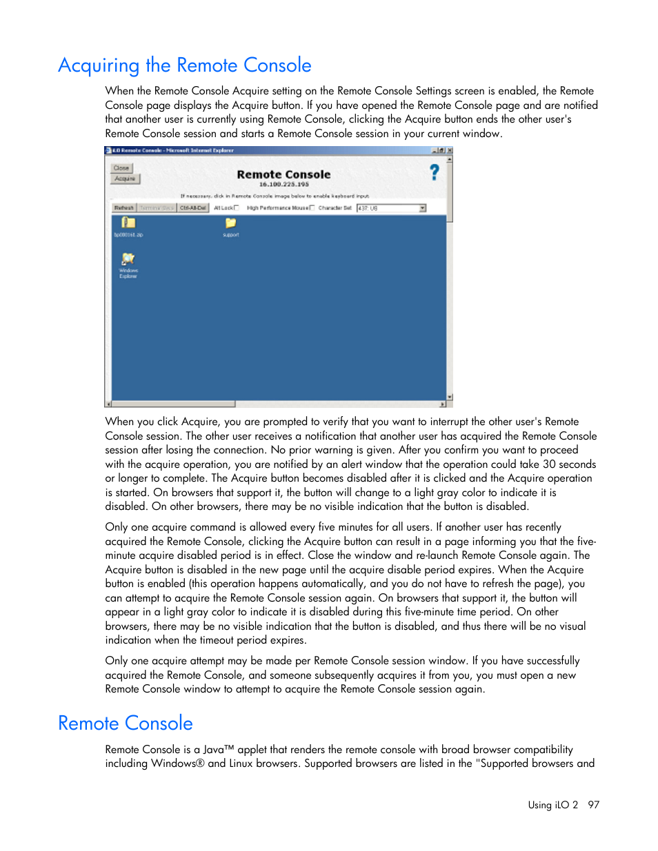 Acquiring the remote console, Remote console, Acquiring the remote console remote console | HP Integrated Lights-Out User Manual | Page 97 / 236