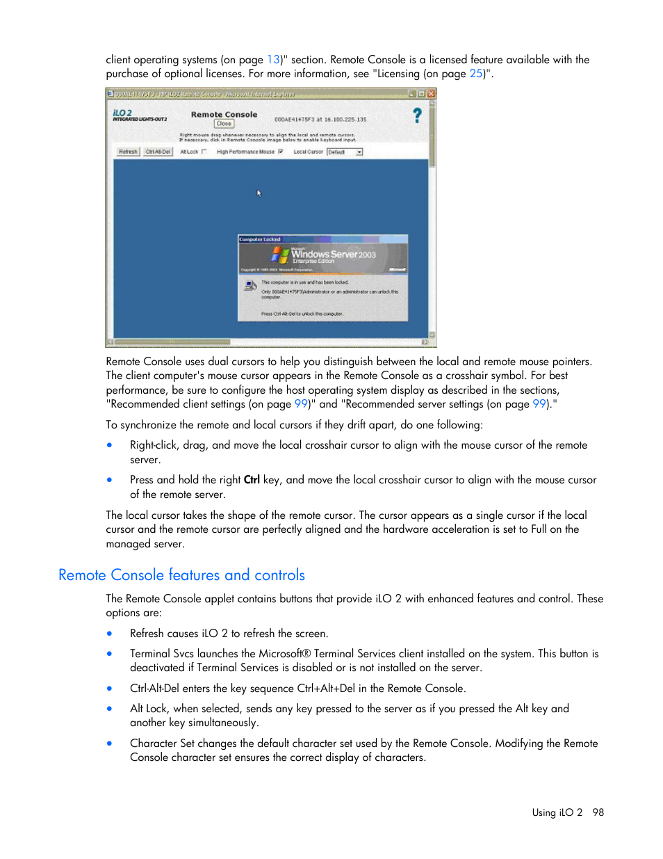 Remote console features and controls | HP Integrated Lights-Out User Manual | Page 98 / 236