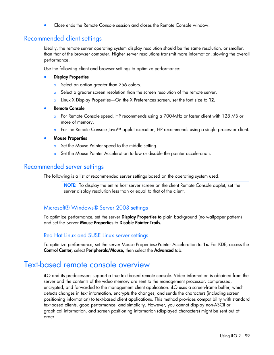 Recommended client settings, Recommended server settings, Microsoft® windows® server 2003 settings | Red hat linux and suse linux server settings, Text-based remote console overview | HP Integrated Lights-Out User Manual | Page 99 / 236