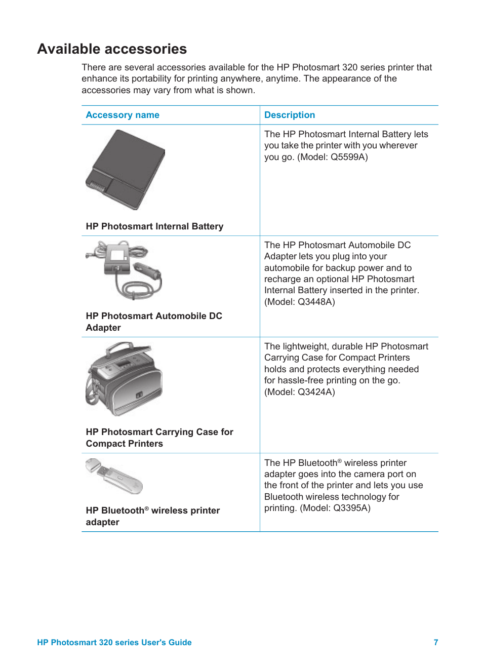 Available accessories | HP Photosmart 325 Compact Photo Printer User Manual | Page 10 / 62