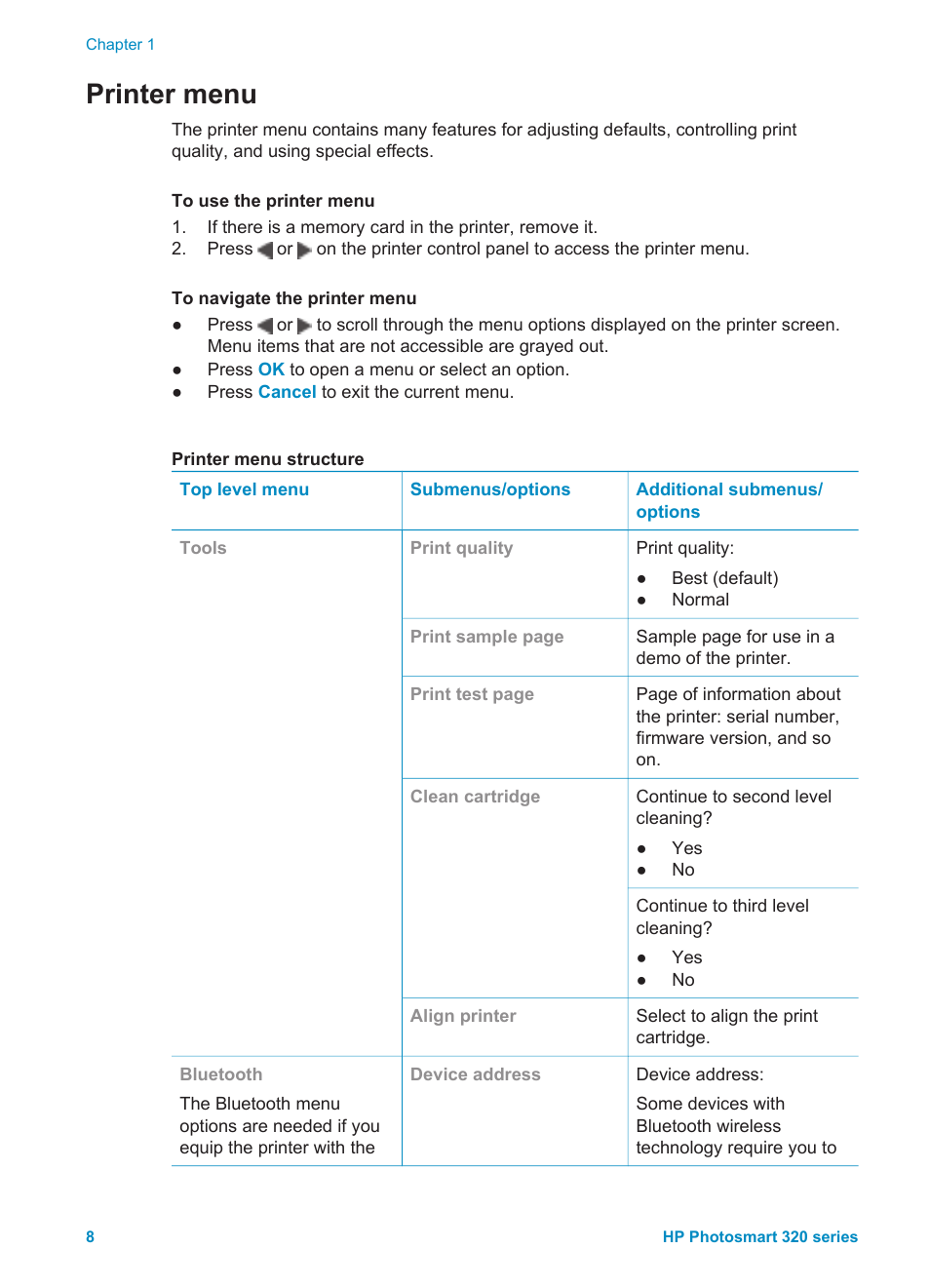 Printer menu | HP Photosmart 325 Compact Photo Printer User Manual | Page 11 / 62