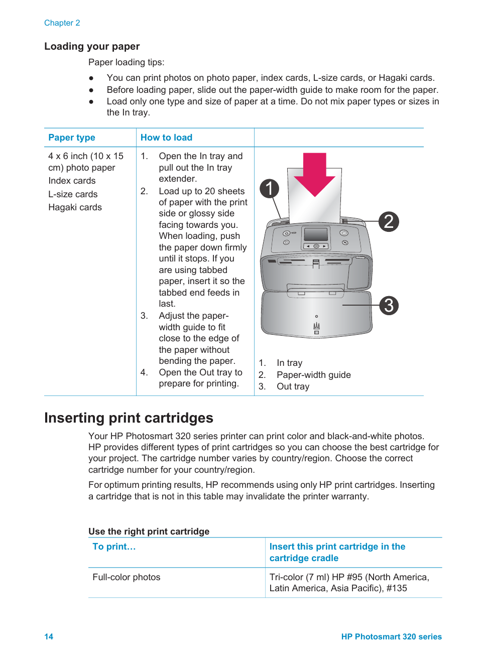 Loading your paper, Inserting print cartridges, Inserting print cartridges (see | HP Photosmart 325 Compact Photo Printer User Manual | Page 17 / 62