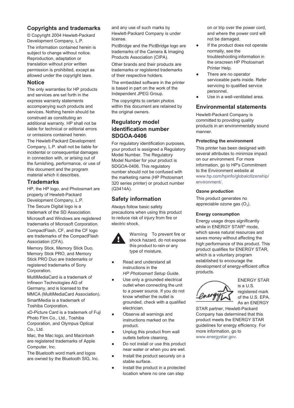 Copyrights and trademarks, Notice, Trademarks | Regulatory model identification number sdgoa-0406, Safety information, Environmental statements | HP Photosmart 325 Compact Photo Printer User Manual | Page 2 / 62