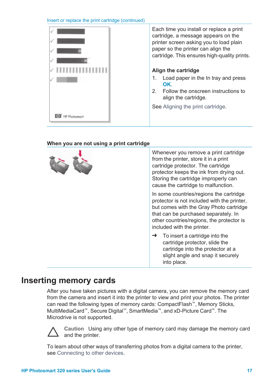 Inserting memory cards | HP Photosmart 325 Compact Photo Printer User Manual | Page 20 / 62