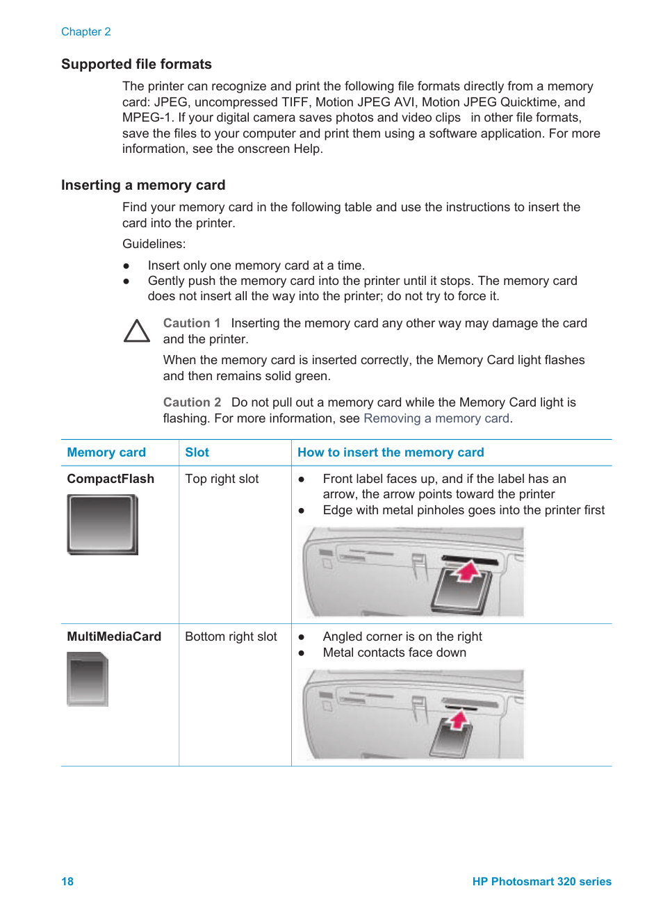 Supported file formats, Inserting a memory card | HP Photosmart 325 Compact Photo Printer User Manual | Page 21 / 62