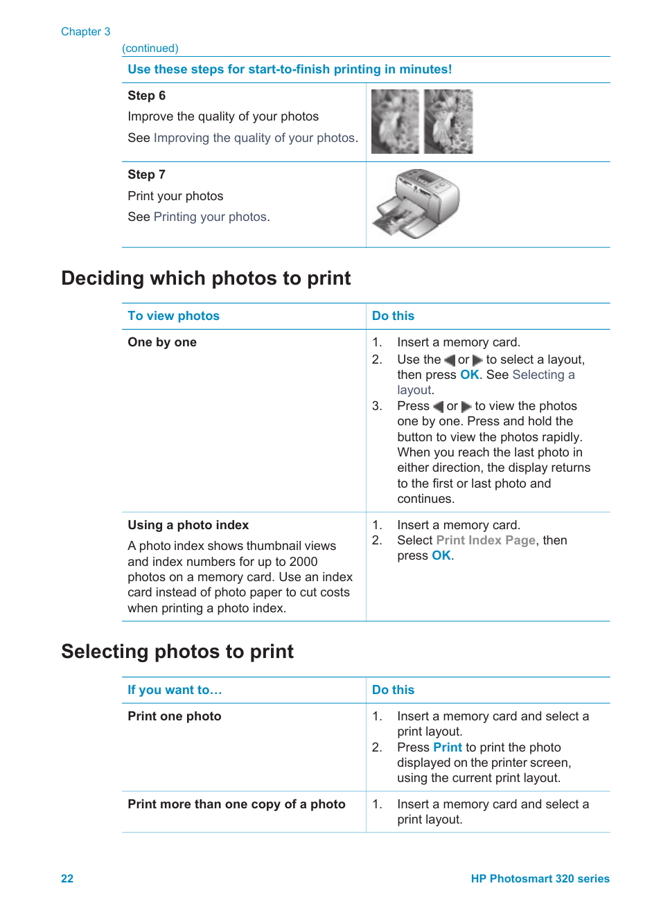 Deciding which photos to print, Selecting photos to print | HP Photosmart 325 Compact Photo Printer User Manual | Page 25 / 62