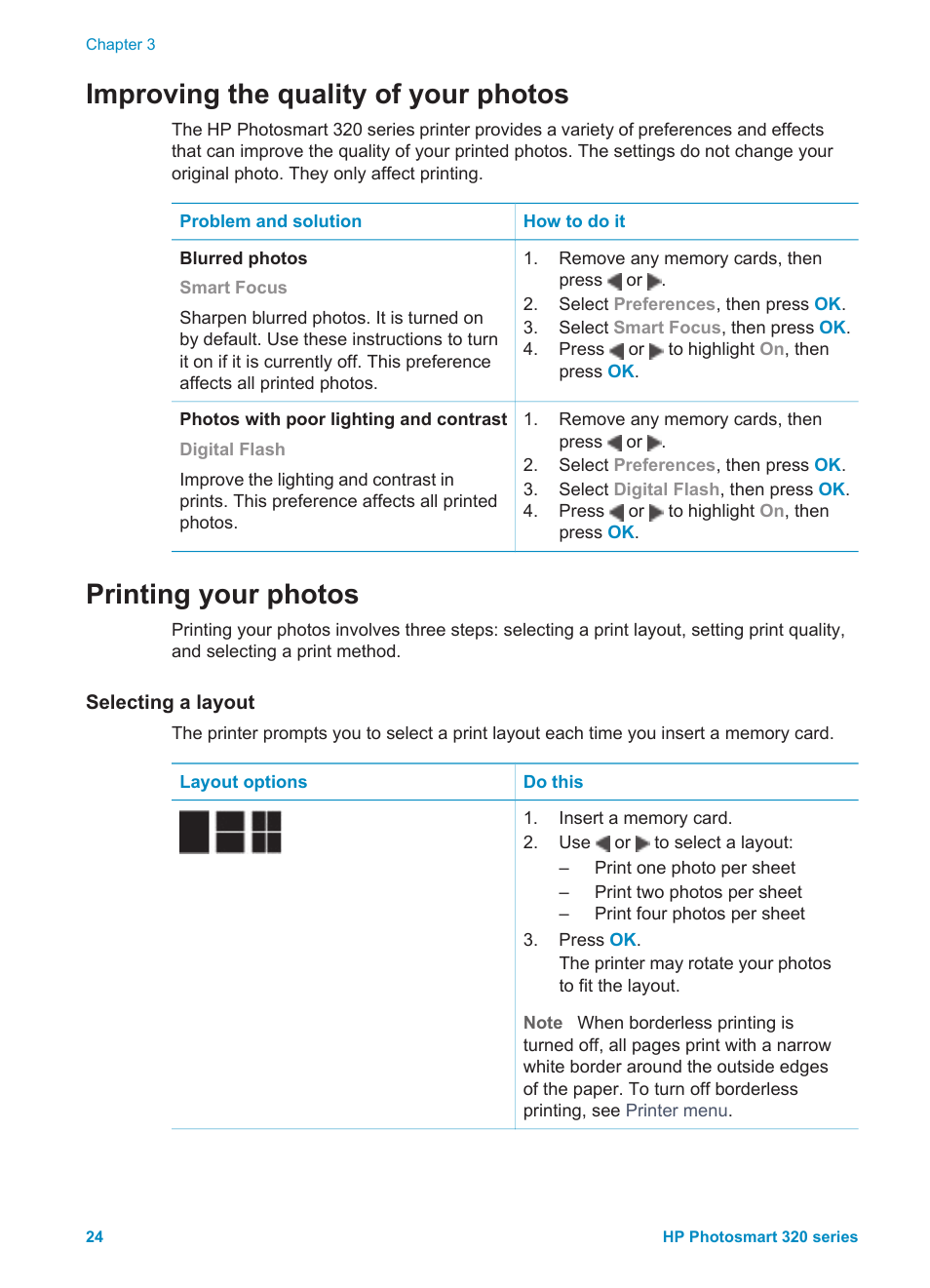 Improving the quality of your photos, Printing your photos, Selecting a layout | Photos. see, Improving the quality of, Your photos, Selecting a, Layout | HP Photosmart 325 Compact Photo Printer User Manual | Page 27 / 62