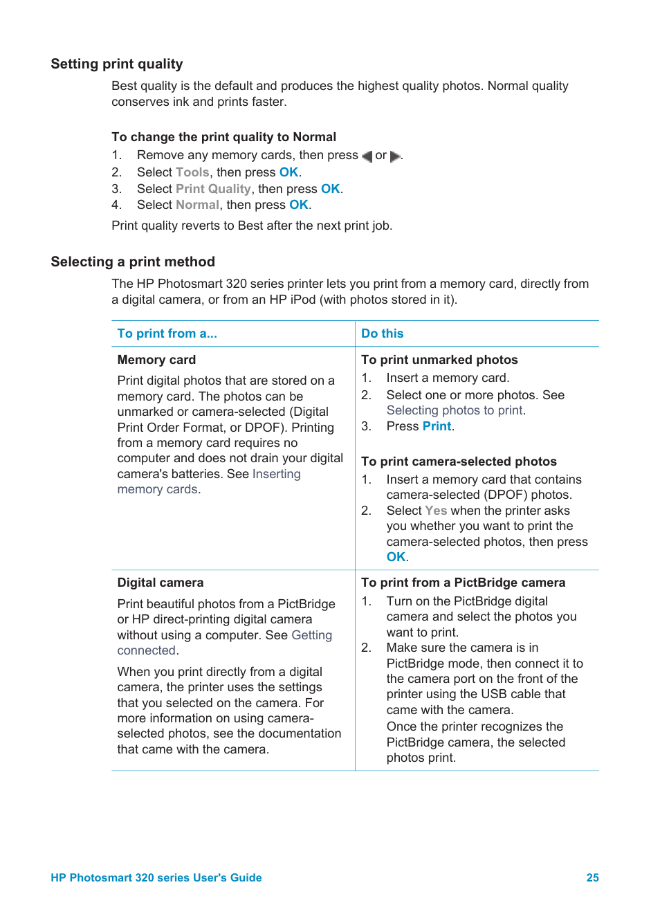 Setting print quality, Selecting a print method | HP Photosmart 325 Compact Photo Printer User Manual | Page 28 / 62