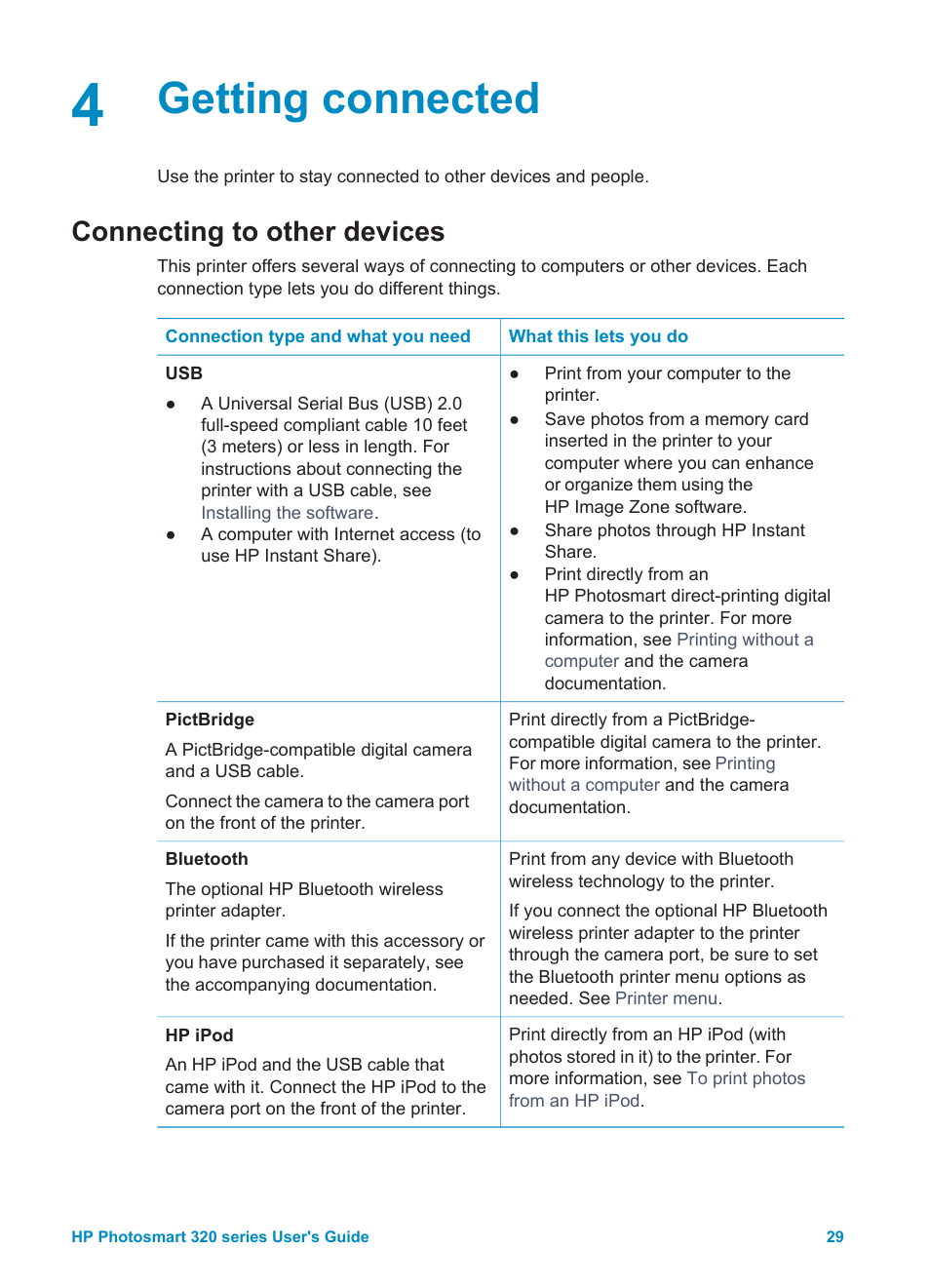 Getting connected, Connecting to other devices, Getting | Connected | HP Photosmart 325 Compact Photo Printer User Manual | Page 32 / 62
