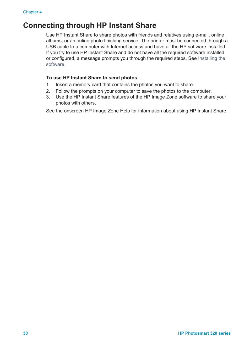 Connecting through hp instant share | HP Photosmart 325 Compact Photo Printer User Manual | Page 33 / 62
