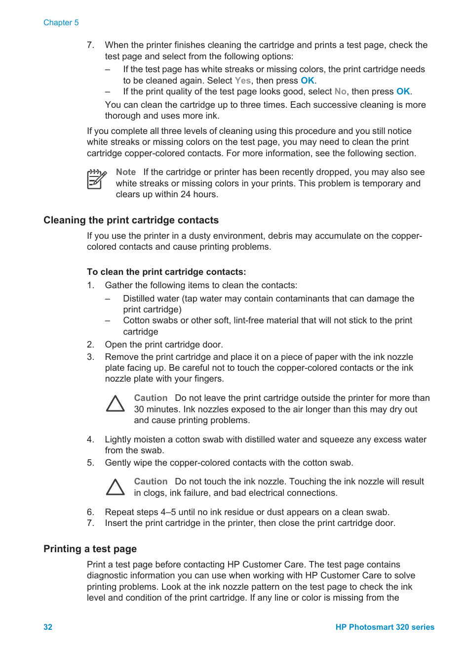 Cleaning the print cartridge contacts | HP Photosmart 325 Compact Photo Printer User Manual | Page 35 / 62