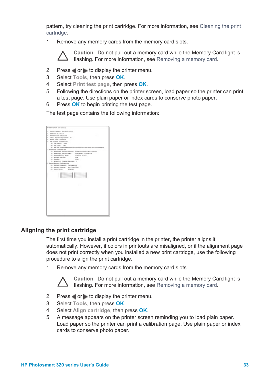 Aligning the print cartridge | HP Photosmart 325 Compact Photo Printer User Manual | Page 36 / 62