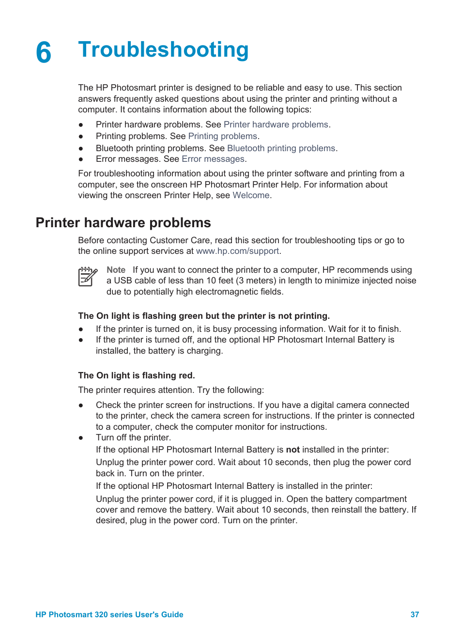 Troubleshooting, Printer hardware problems | HP Photosmart 325 Compact Photo Printer User Manual | Page 40 / 62