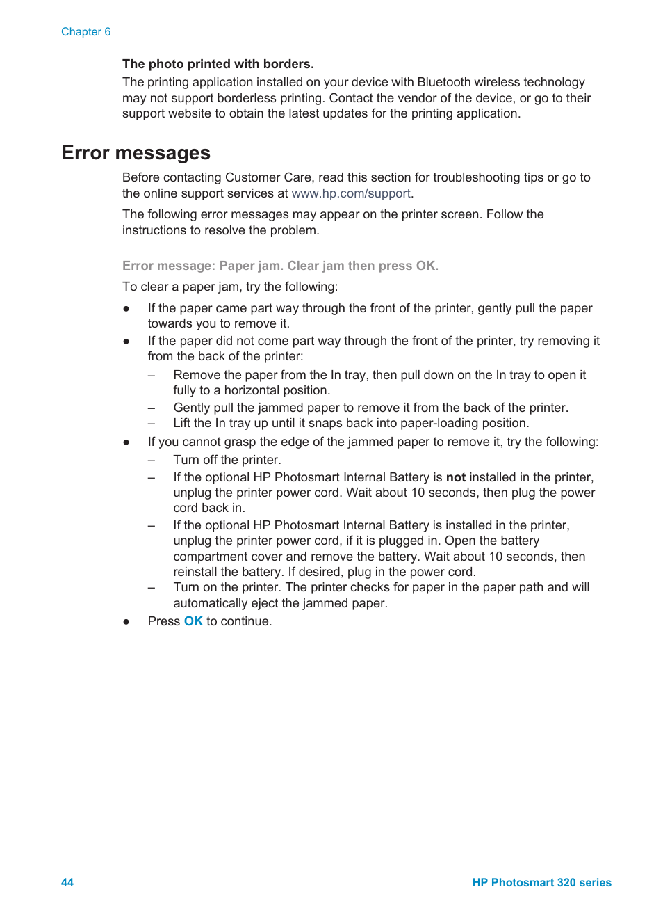 Error messages | HP Photosmart 325 Compact Photo Printer User Manual | Page 47 / 62