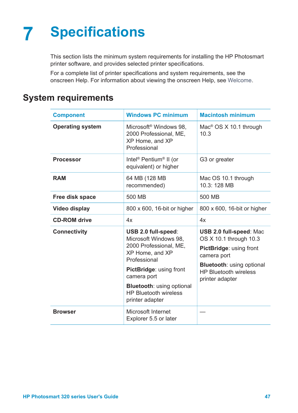 Specifications, System requirements | HP Photosmart 325 Compact Photo Printer User Manual | Page 50 / 62