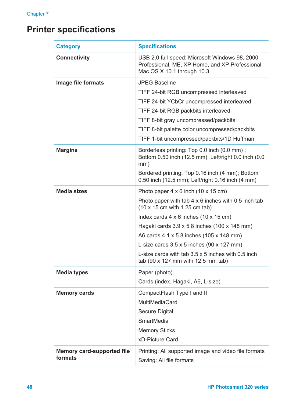 Printer specifications | HP Photosmart 325 Compact Photo Printer User Manual | Page 51 / 62