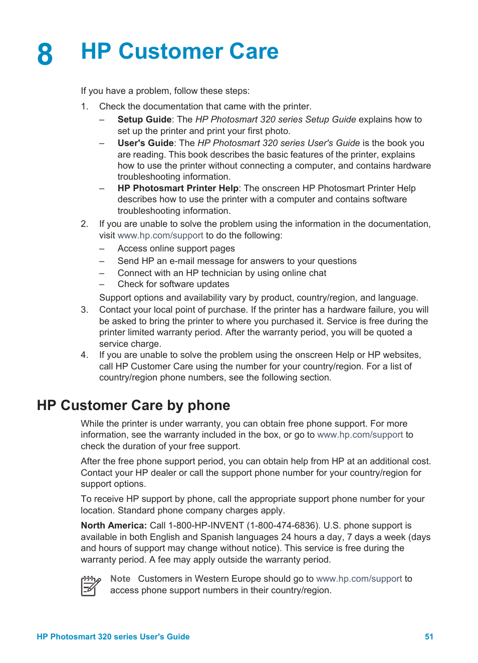 Hp customer care, Hp customer care by phone, Placing a call | Hp customer, Care | HP Photosmart 325 Compact Photo Printer User Manual | Page 54 / 62