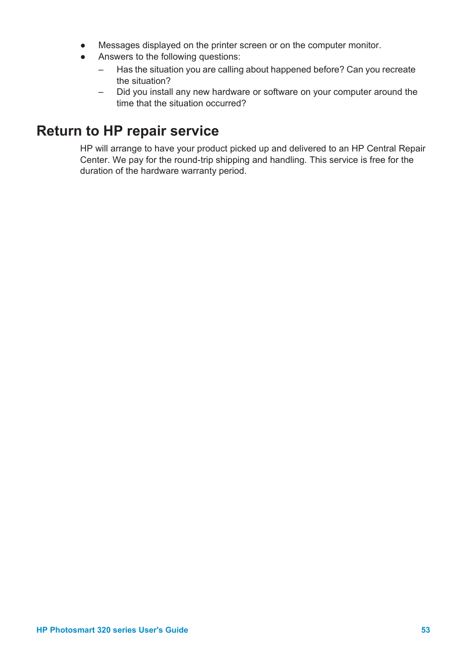 Return to hp repair service | HP Photosmart 325 Compact Photo Printer User Manual | Page 56 / 62