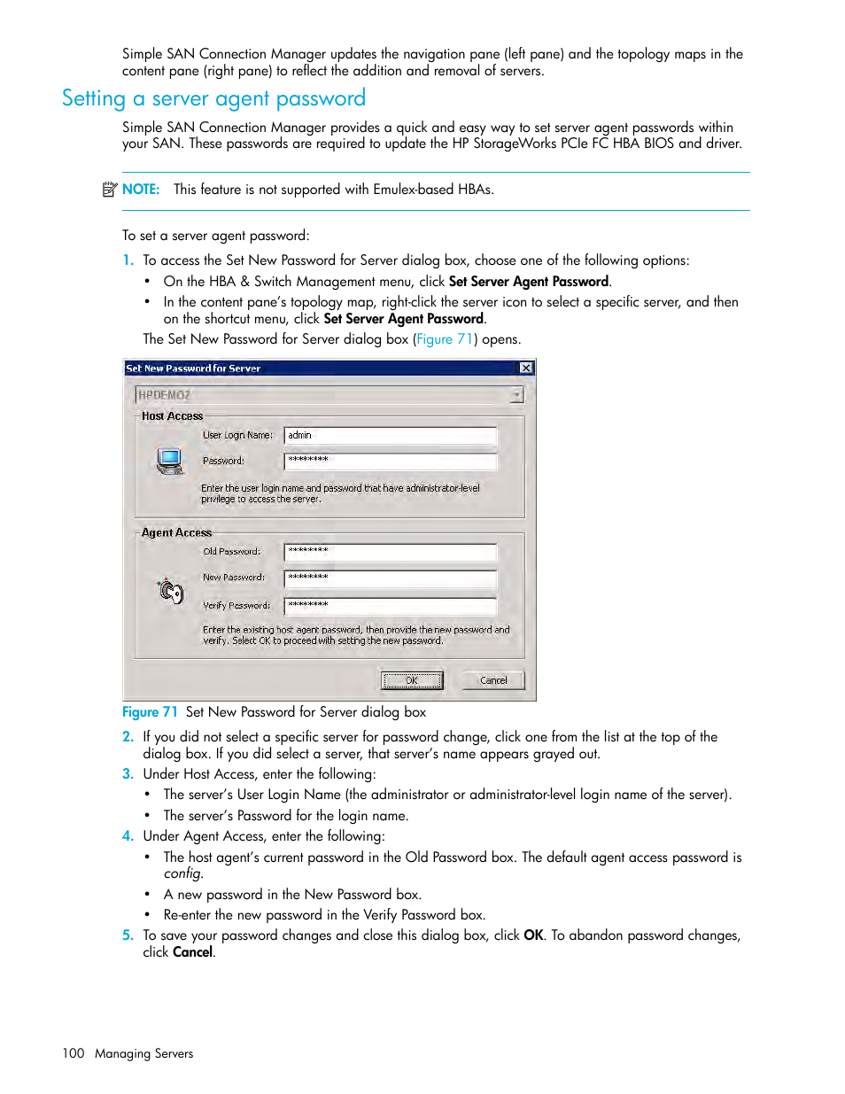 Setting a server agent password, 71 set new password for server dialog box, Setting a server agent | Password | HP 8.20q Fibre Channel Switch User Manual | Page 100 / 150