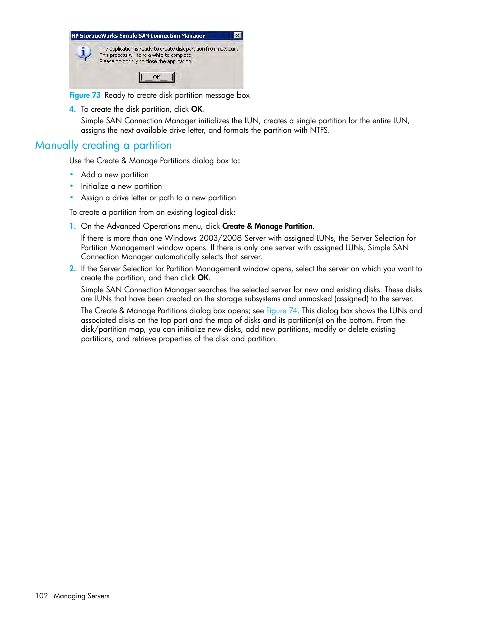 Manually creating a partition, 73 ready to create disk partition message box, Figure 73 | HP 8.20q Fibre Channel Switch User Manual | Page 102 / 150