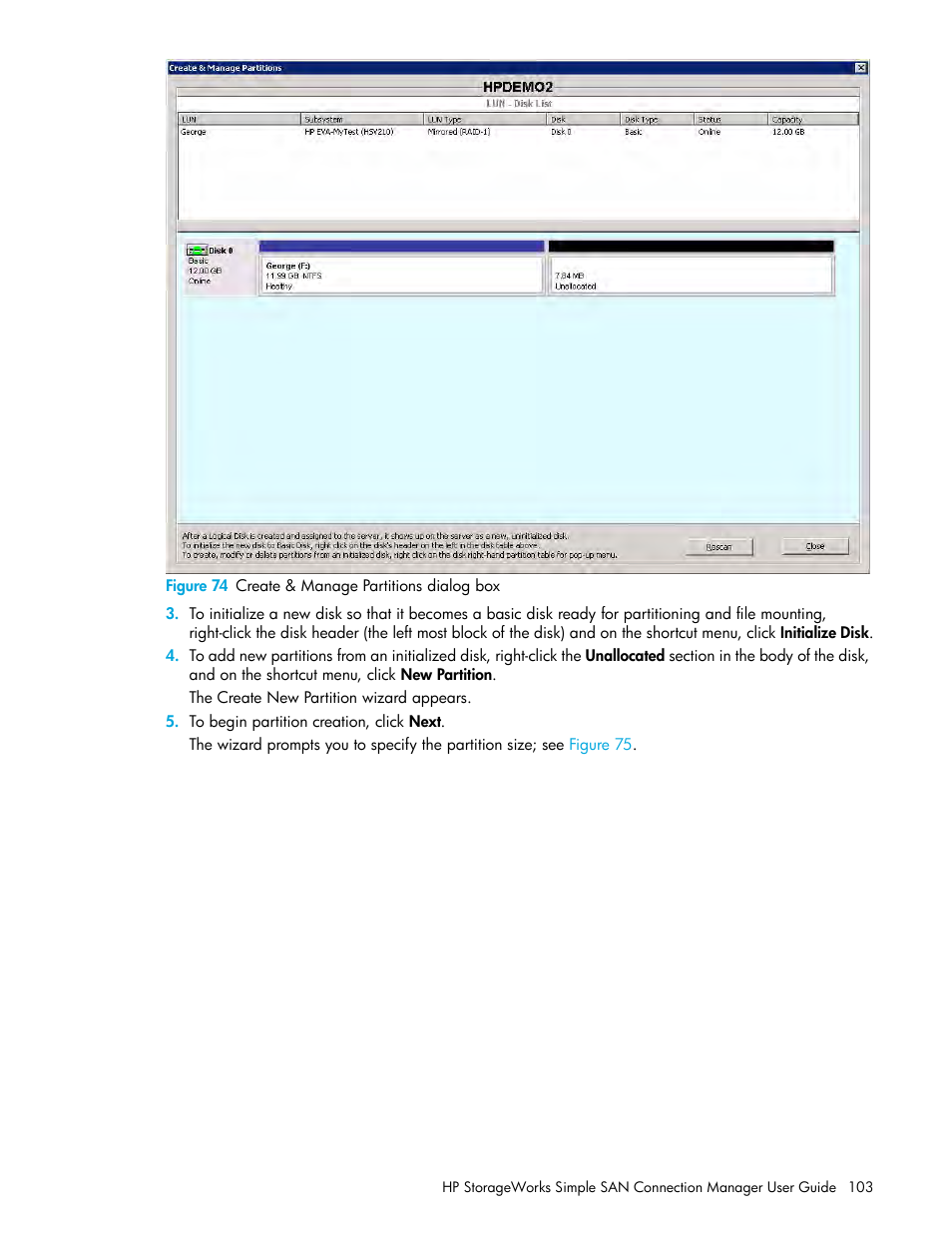 74 create & manage partitions dialog box | HP 8.20q Fibre Channel Switch User Manual | Page 103 / 150