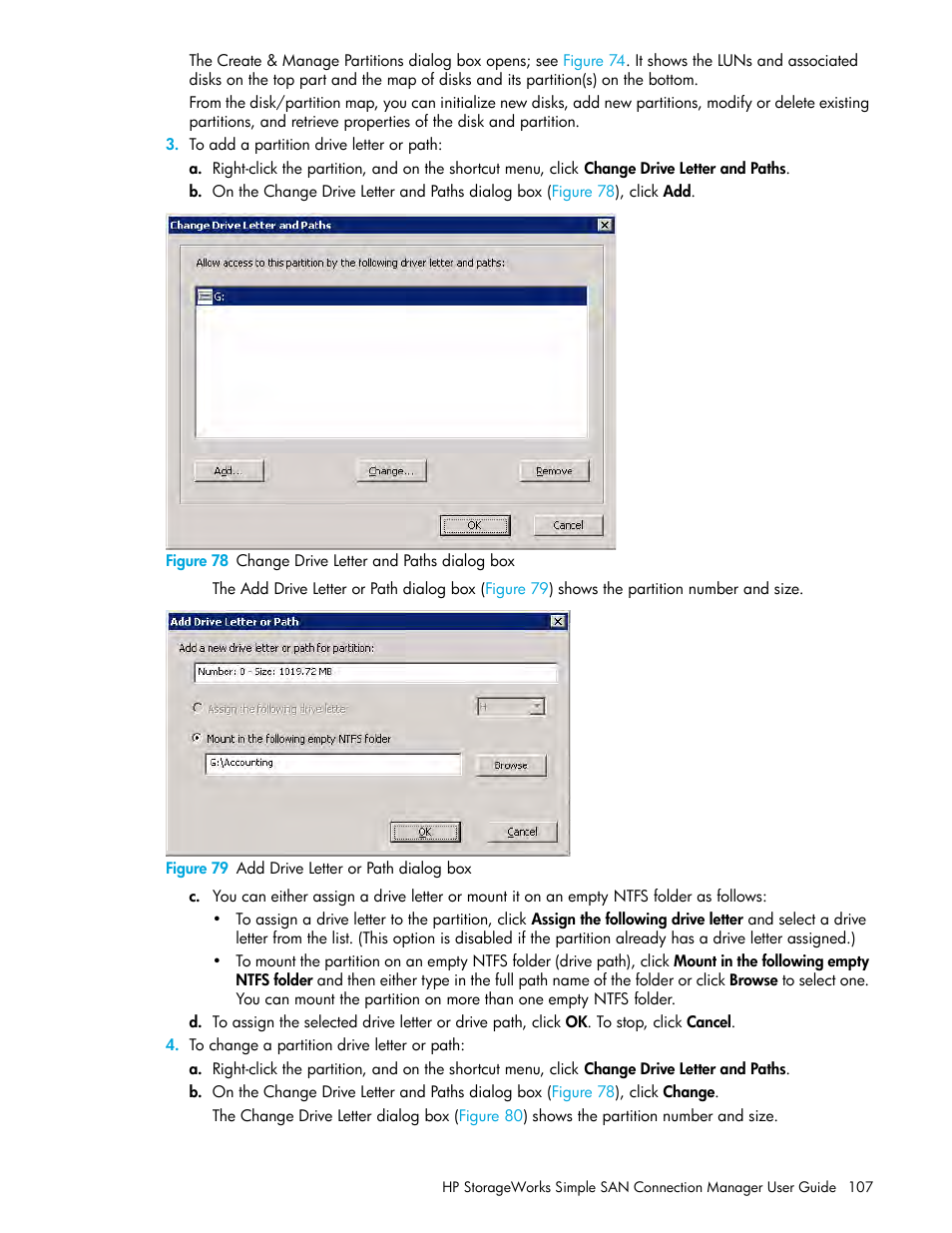 78 change drive letter and paths dialog box, 79 add drive letter or path dialog box, Step 3 | HP 8.20q Fibre Channel Switch User Manual | Page 107 / 150