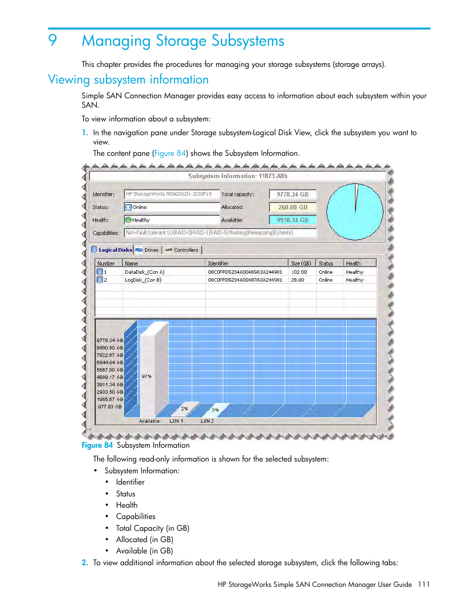 Managing storage subsystems, Viewing subsystem information, 9 managing storage subsystems | 84 subsystem information, 9managing storage subsystems | HP 8.20q Fibre Channel Switch User Manual | Page 111 / 150