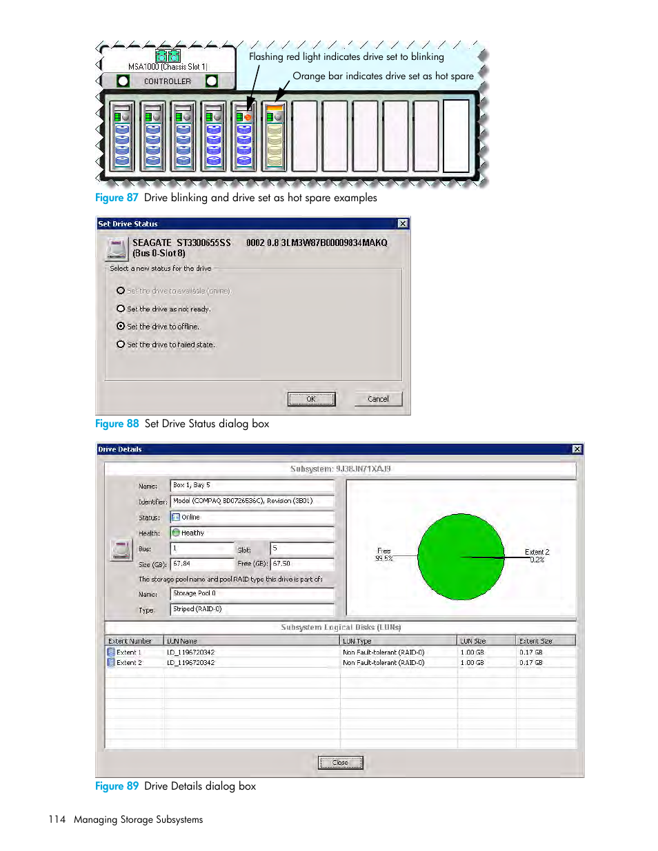 88 set drive status dialog box, 89 drive details dialog box, Figure 87 | Figure 88, Figure 89, And v | HP 8.20q Fibre Channel Switch User Manual | Page 114 / 150