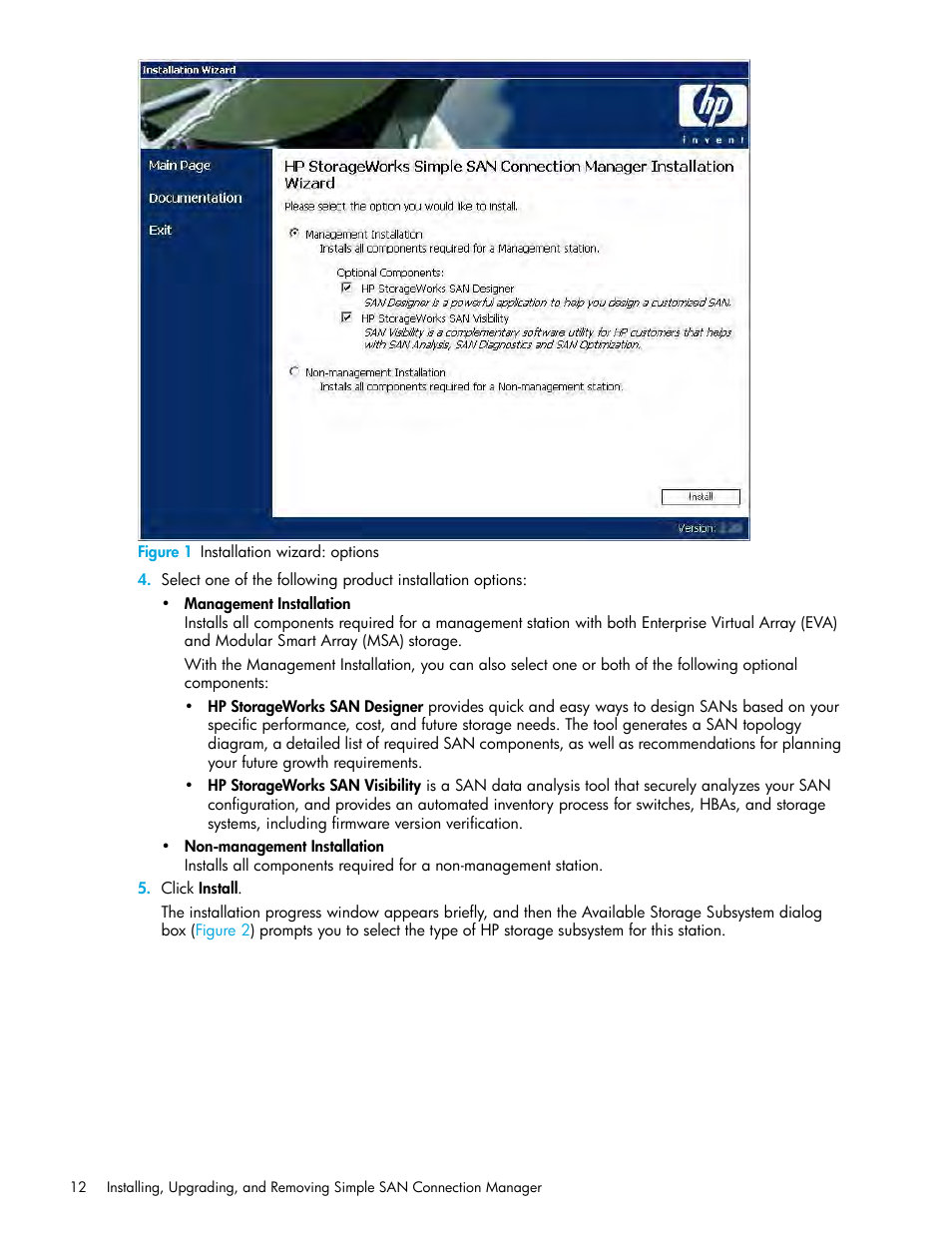 1 installation wizard: options, Figure 1, Opens | HP 8.20q Fibre Channel Switch User Manual | Page 12 / 150