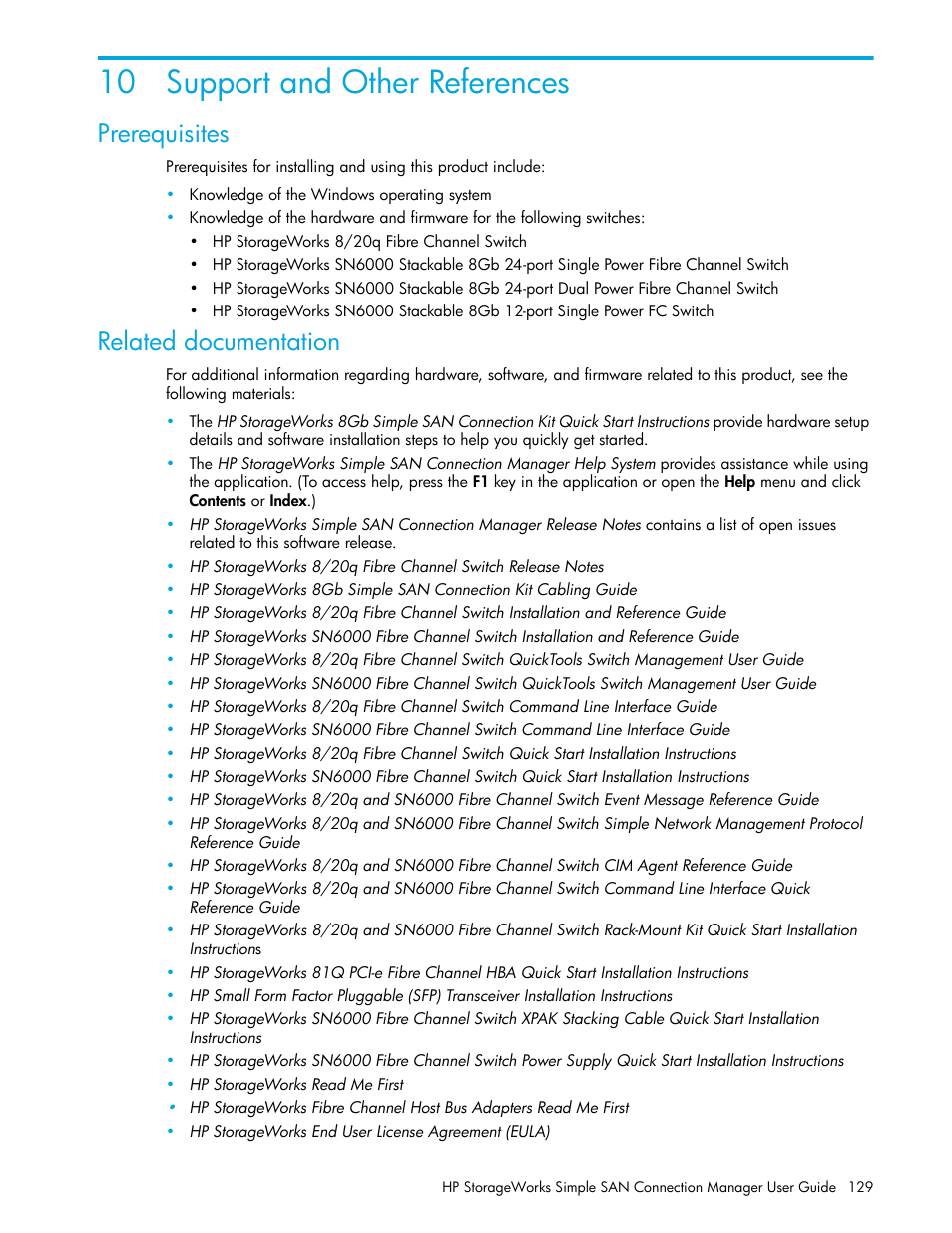 Support and other references, Prerequisites, Related documentation | 10support and other references, 10 support and other references | HP 8.20q Fibre Channel Switch User Manual | Page 129 / 150