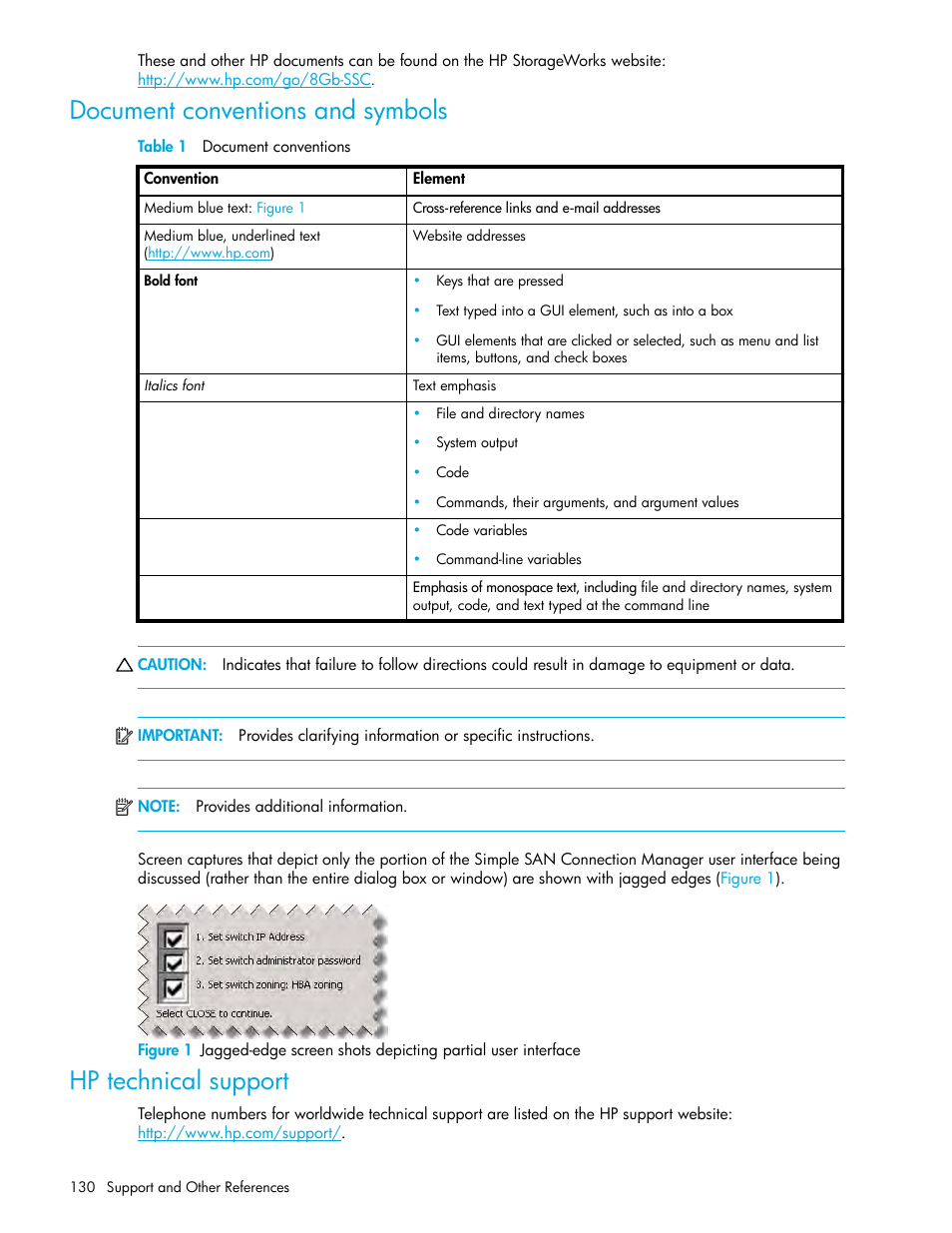 Document conventions and symbols, Hp technical support, 1 document conventions | HP 8.20q Fibre Channel Switch User Manual | Page 130 / 150