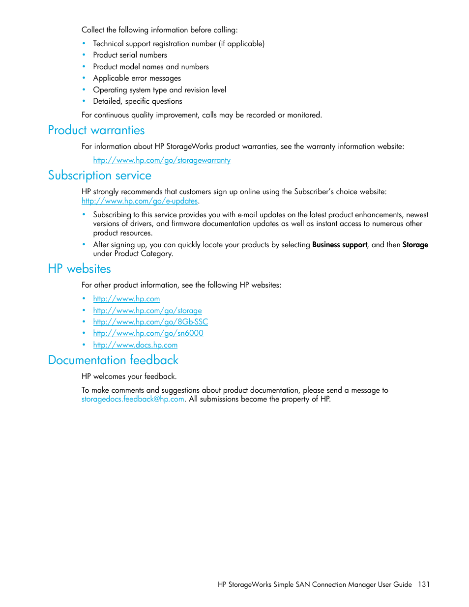 Product warranties, Subscription service, Hp websites | Documentation feedback | HP 8.20q Fibre Channel Switch User Manual | Page 131 / 150